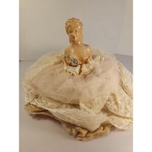 Antique 1900's Chalkware Half Doll Pin Cushion Pink/White Lace Dress